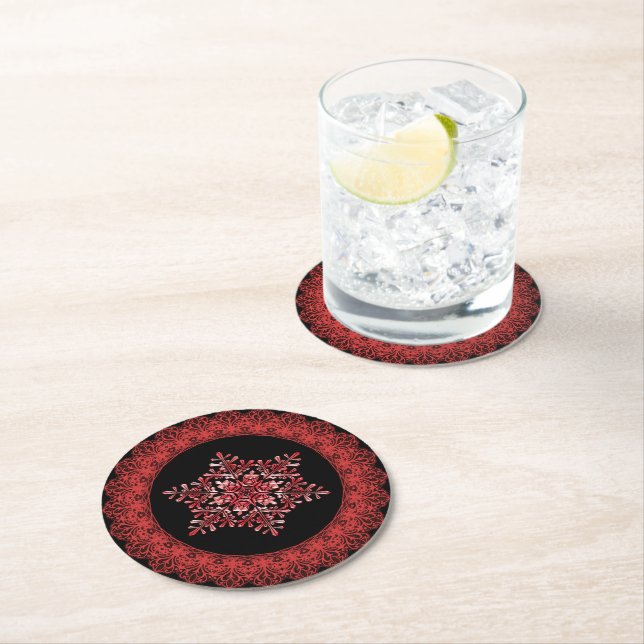 Dessous-de-verre Rond En Papier Red Winter Snowflon bord dentelle (En situation)