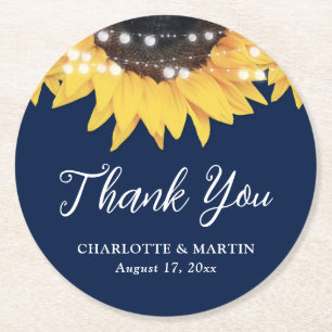 Dessous-de-verre Rond En Papier Remerciement de mariage Navy Blue Tournesol