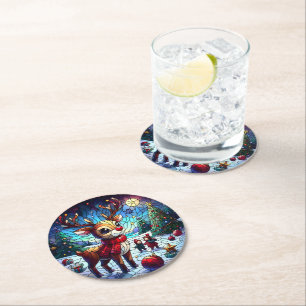 Dessous-de-verre Rond En Papier Rennes joyeux dans un pays des merveilles hivernal