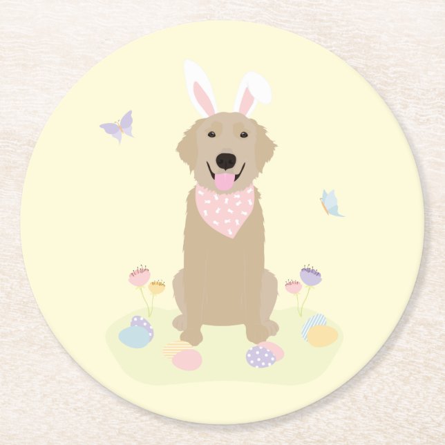 Dessous-de-verre Rond En Papier Retriever doré Bunny de Pâques (Devant)