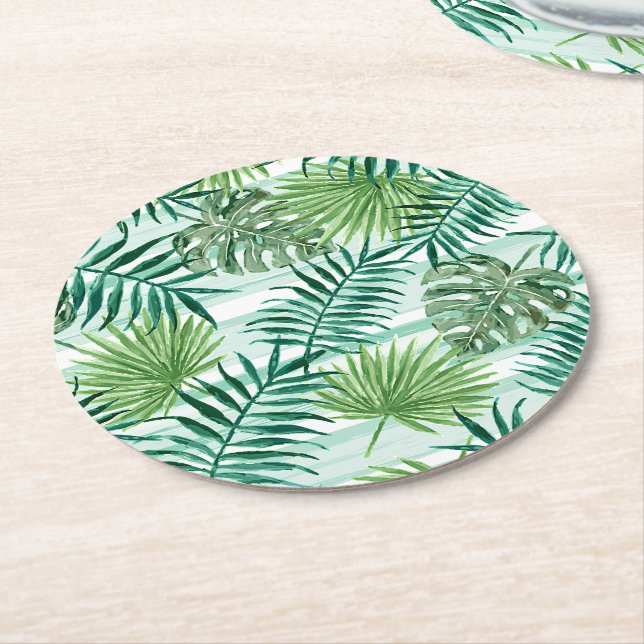 Dessous-de-verre Rond En Papier Retro Chic Tropical Green Palm Feuille Motif d'art (Incliné)