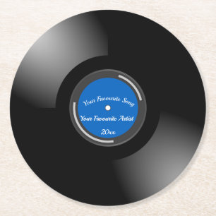 Dessous-de-verre Rond En Papier Rétro disque vinyle Editable avec le centre bleu
