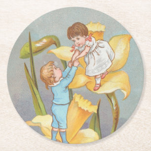 Dessous-de-verre Rond En Papier Rétro Mignon Douce Saint-Valentin, enfants et jonq