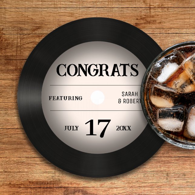 Dessous-de-verre Rond En Papier Retro Vinyl Record Mariage félicitations (Retro Vinyl Record Wedding Congratulations Round Paper Coaster
)