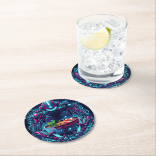 Dessous-de-verre Rond En Papier Robot Cyberpunk Futuriste Neon Nourriture Ramen