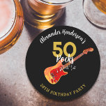 Dessous-de-verre Rond En Papier Rock and Roll 50e fête d'anniversaire<br><div class="desc">Célébrez-le en tournant cinquante dans le style rock and roll avec ce cool 50 Rocks personnalisé 50e anniversaire dessous de verre en papier noir. Que ce soit votre époux rockstar, votre petit ami, votre père ou votre ami, cette guitare électrique à flamme cool avec illustration de garde-robe rouge, notes musicales...</div>