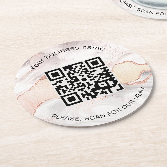 Dessous-de-verre Rond En Papier Rose agate bar restaurant menu qr code (Incliné)