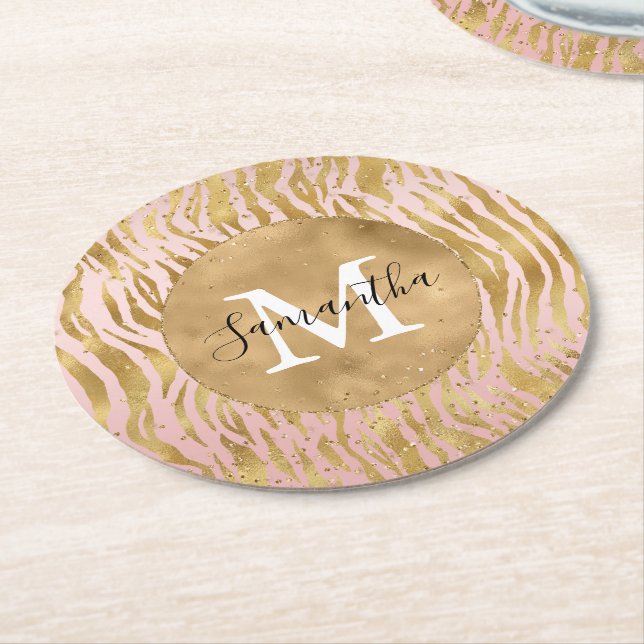 Dessous-de-verre Rond En Papier Rose Blush Gold Zebra Imprimer Glitz Étincelle (Incliné)