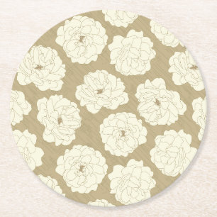Dessous-de-verre Rond En Papier Rose crème sur Beige d'or - motif sans couture.