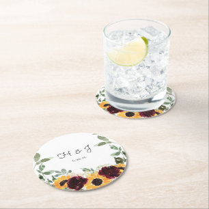 Dessous-de-verre Rond En Papier Rose de tournesol Eucalyptus Monogram Mariage