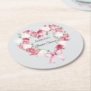 Dessous-de-verre Rond En Papier Rose Florale Rose Pâle Cœur Fête de Mariage