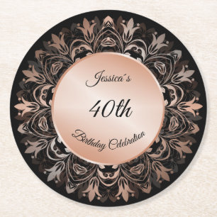 Dessous-de-verre Rond En Papier Rose Gold Black Floral Mandala