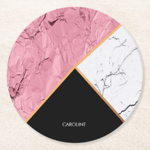 Dessous-de-verre Rond En Papier Rose Gold Noir et Motif Marbre blanc