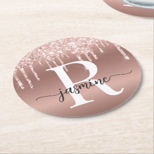 Dessous-de-verre Rond En Papier Rose Gold Pailleté Gouttes Métal Féminin Monogramm
