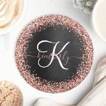 Dessous-de-verre Rond En Papier Rose personnalisé Parties scintillant or noir Étin<br><div class="desc">Personnalisez facilement ce design élégant et tendance de dessous de verre en papier avec une jolie parties scintillant brillante en or rose sur un arrière - plan métallique brossé noir.</div>