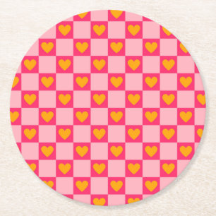 Dessous-de-verre Rond En Papier Rose rouge jaune coeur amour À damiers Y2K Motif