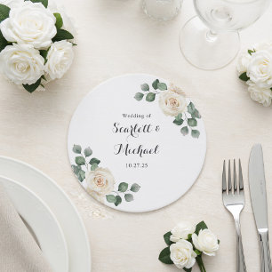 Dessous-de-verre Rond En Papier Roses blanches Printemps Floral Mariage Romantique