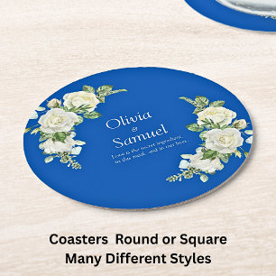 Dessous-de-verre Rond En Papier Roses Bleu Cobalt & Blanc  