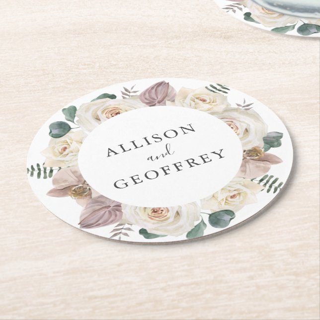 Dessous-de-verre Rond En Papier Roses d'aquarelle et orchidées Mariage personnalis (Incliné)