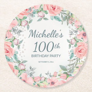Dessous-de-verre Rond En Papier Roses florales aquarelle rose 100e anniversaire No