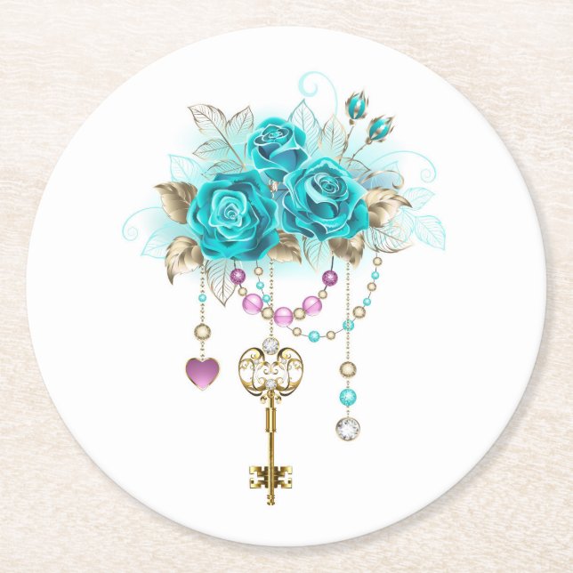 Dessous-de-verre Rond En Papier Roses turquoise avec touches (Devant)