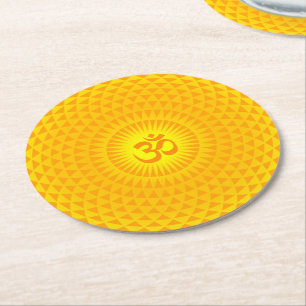 Dessous-de-verre Rond En Papier Roue de méditation du Lotus Soleil jaune d'or OM