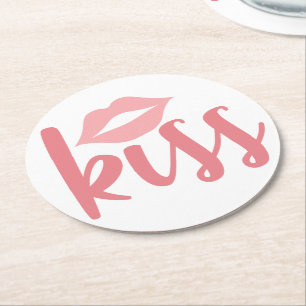 Dessous-de-verre Rond En Papier Rouge à Lèvres Rose Baiser Mariage