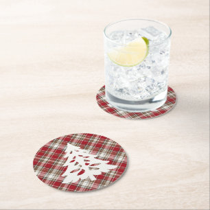 Dessous-de-verre Rond En Papier Rouge, Mocha & Crème Plaid avec arbre