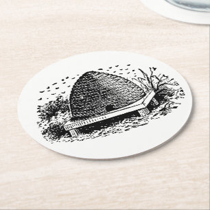 Dessous-de-verre Rond En Papier Ruche et Abeilles #1 Heraldique Vintage