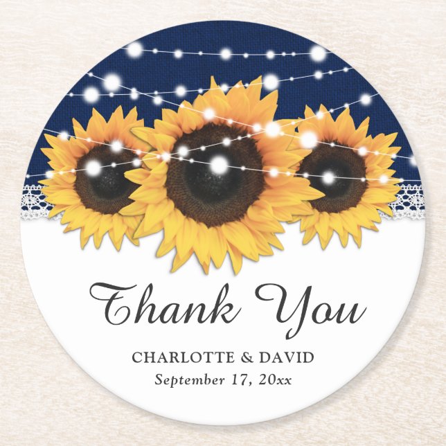 Dessous-de-verre Rond En Papier Russe Bleu Burlap Mariage de tournesol rond (Devant)