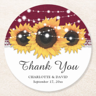 Dessous-de-verre Rond En Papier Russe Bourgogne Mariage de tournesol Burlap