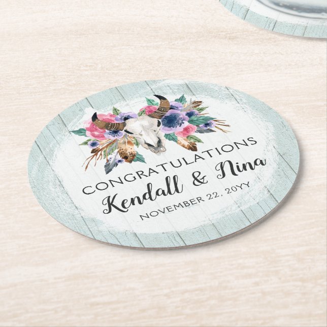 Dessous-de-verre Rond En Papier Russe Floral Vache Crâne Aquarelle Boho Mariage (Incliné)