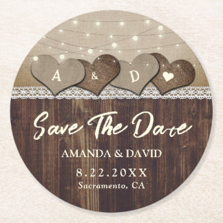 Dessous-de-verre Rond En Papier Rustic Country Bois Mariage Enregistrer La Date