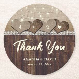 Dessous-de-verre Rond En Papier Rustic Country Wood Heart Mariage Monogramme