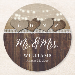 Dessous-de-verre Rond En Papier Rustic Country Wood M. et Mme Mariage