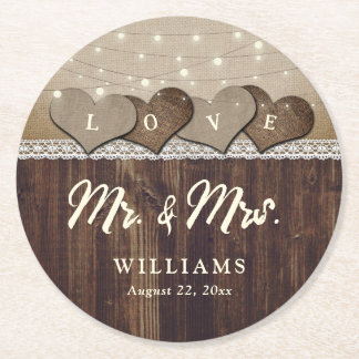 Dessous-de-verre Rond En Papier Rustic Country Wood M. et Mme Mariage