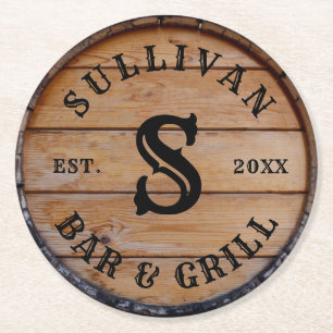 Dessous-de-verre Rond En Papier Rustic Wood Custom Nom de famille Monogramme initi
