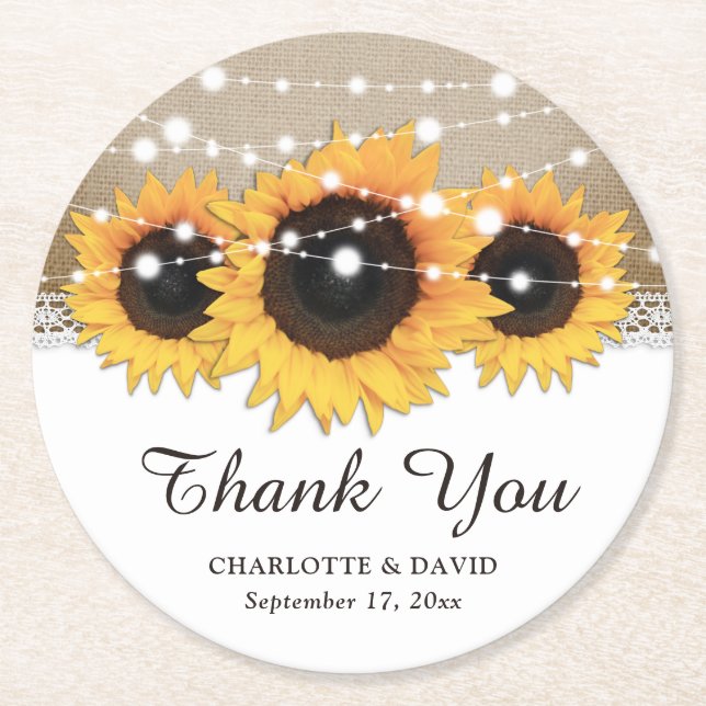 Dessous-de-verre Rond En Papier Rustique Burlap Lace String Lights Mariage de tour (Devant)