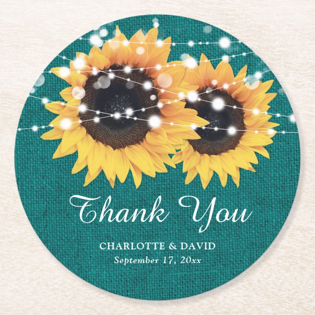 Dessous-de-verre Rond En Papier Rustique Burlap Turquoise Mariage tournesol (Devant)