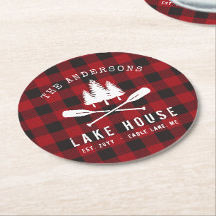 Dessous-de-verre Rond En Papier Rustique Country Lake House Tree Red Buffalo Plaid