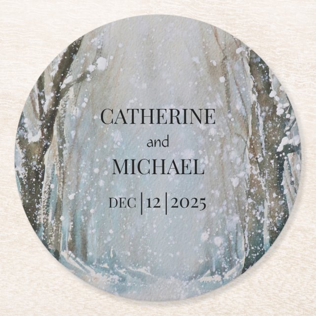 Dessous-de-verre Rond En Papier Rustique Dusty Blue Winter Forest Mariage d'aquare (Devant)