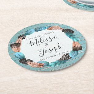 Dessous-de-verre Rond En Papier Rustique Turquoise Mariage Boho en plume Wreath