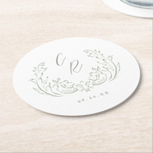 Dessous-de-verre Rond En Papier Sage Croché Vintage Flourish Mariage Monogramme