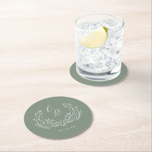 Dessous-de-verre Rond En Papier Sage Croché Vintage Flourish Mariage Monogramme