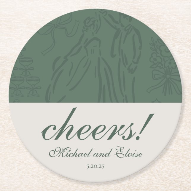 Dessous-de-verre Rond En Papier Sage Green Cheers Élégant Mariage personnalisé (Devant)