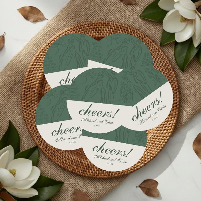 Dessous-de-verre Rond En Papier Sage Green Cheers Élégant Mariage personnalisé (Sage Green Hand Drawn Wedding Favor Round Paper Coaster)