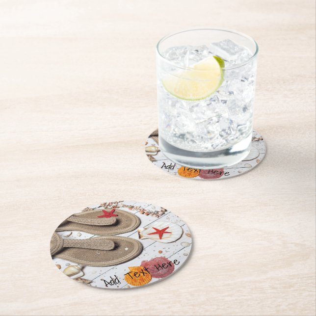 Dessous-de-verre Rond En Papier Sandales, Coquillages et Starfish à la plage (En situation)