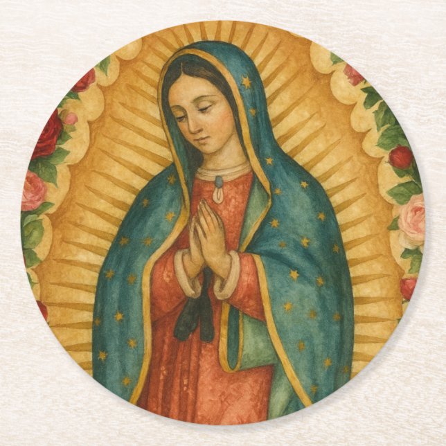 Dessous-de-verre Rond En Papier Santa Maria, Virgen de Guadalupe Mother Mary Roses (Devant)