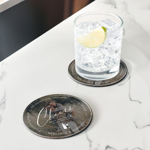 Dessous-de-verre Rond En Papier Sauvez la Date Cheer ! Boissons gratuites et photo