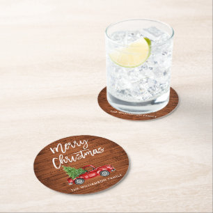 Dessous-de-verre Rond En Papier Scénario rustique de pinceau Camion Vintage Noël